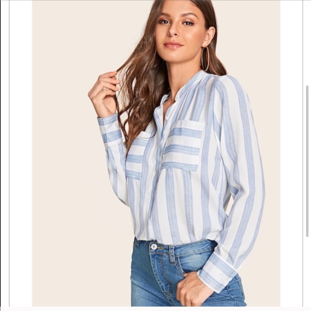 BLUE WHITE Notched Neck Stripe Blouse - Top - Picture 2 of 5